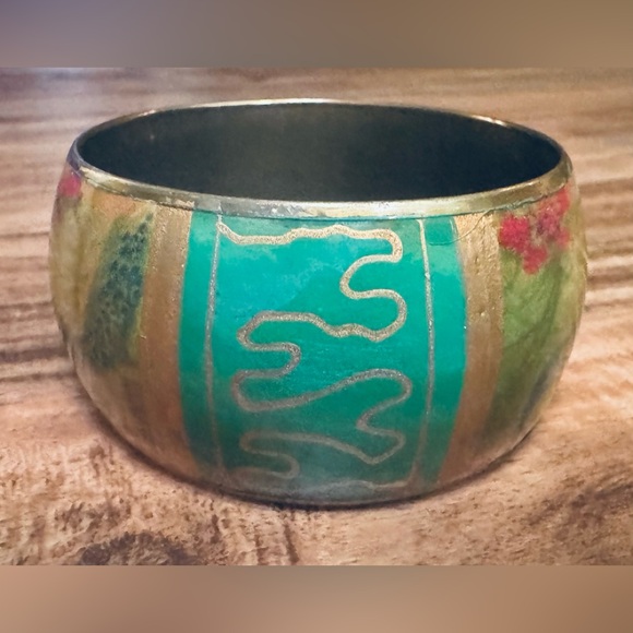 Artisan Teal and Gold Peacock Bangle Bracelet - Picture 3 of 4